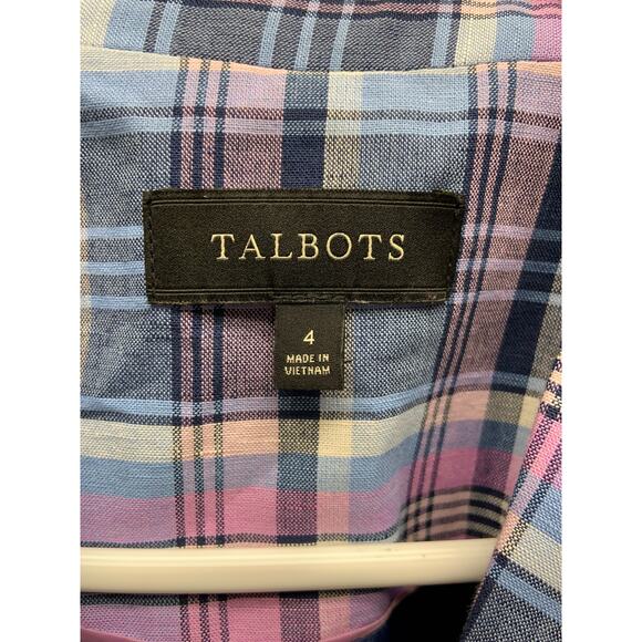 Talbots Blue Pink Plaid Linen Blend 1 Button Vented Back Blazer Jacket Size 4 - Picture 3 of 8